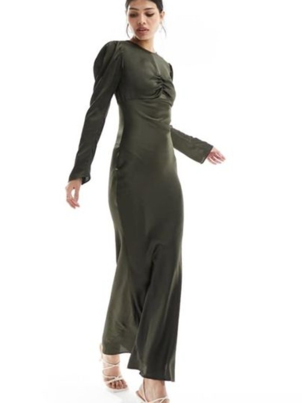 ASOS Design Olive Green Ruched Bust Detail Satin Maxi Dress Size 8